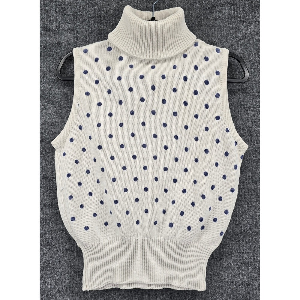 Vtg LeRoy Knitwear Sweater Vest Women XL White Blue Polka Dot Turtleneck USA
